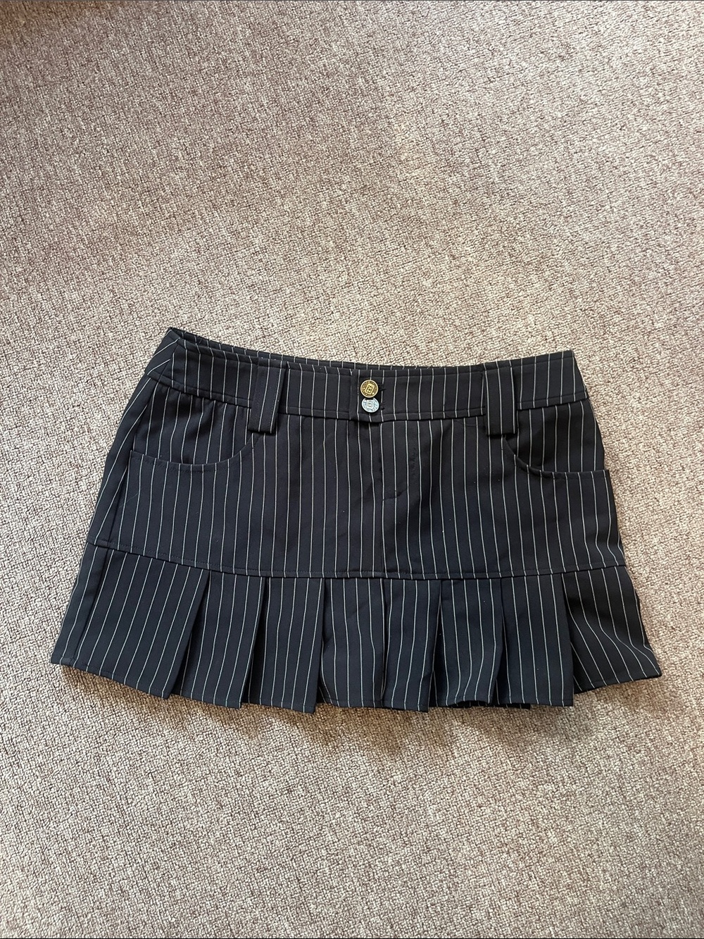Black Pinstripe Pleated Mini Skirt with Front Button